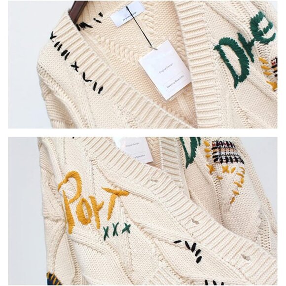 Women's Cable Knit Cardigan Cozy Embroidered Sweater Coat Long Sleeve - Picture 4 of 6